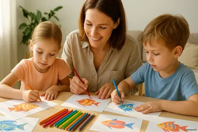 Совместное рисование рыб с детьми Линии, которые объединяют