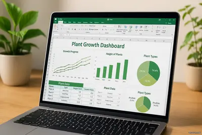 Аналитика данных: Excel-дешборд роста растений Мерцает лампа, на экране — график роста мха