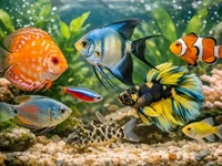 Крупний план яскравих акваріумних риб у домашньому акваріумі