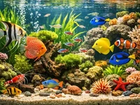 Фото крупним планом великого домашнього акваріума з яскравими рибами