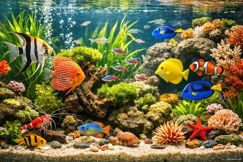 Фото крупним планом великого домашнього акваріума з яскравими рибами