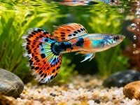Гупі крупним планом у домашньому акваріумі з яскравим мозаїчним хвосто
