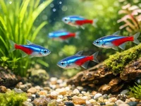 Неони крупним планом у домашньому акваріумі серед зелених рослин