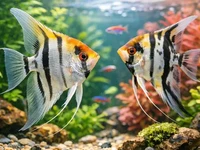 Скалярії крупним планом у домашньому акваріумі серед яскравих водних