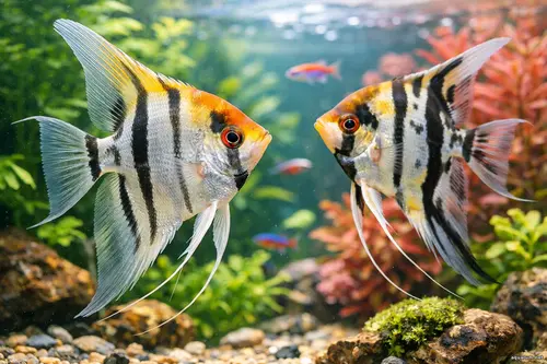 Скалярії крупним планом у домашньому акваріумі серед яскравих водних