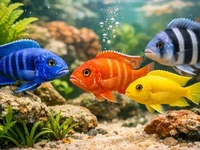 Крупний план яскравих цихлід у домашньому акваріумі серед каміння