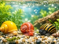 Акваріумні равлики крупним планом у домашньому акваріумі серед гальки