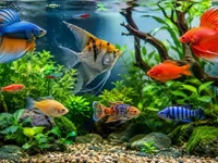 Яскраві акваріумні рибки у прозорій воді серед зелених рослин