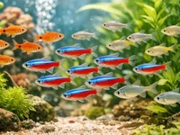 Зграйні рибки крупним планом у домашньому акваріумі