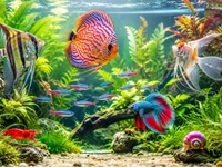 Екзотичні акваріумні риби, креветка й равлик у яскравому акваріумі