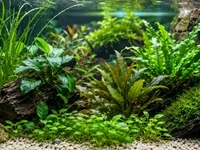 Акваріумні рослини зблизька у світлому прісноводному акваріумі