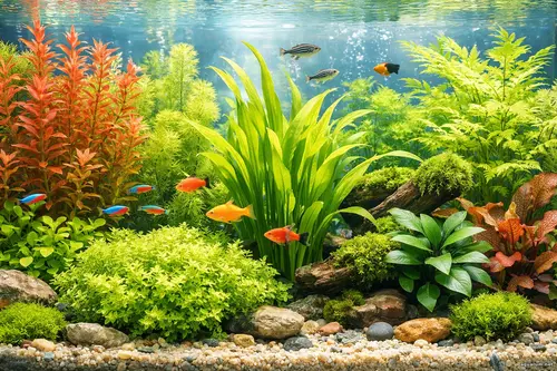 Акваріумні рослини при денному освітленні в яскравому акваріумі