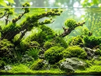 Мохи для акваріума на корчах і камінні у яскравому акваскейпі