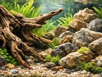 Корчі й камені крупним планом у домашньому акваріумі з природним декор