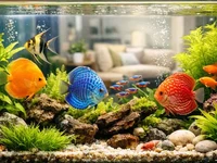 Домашній акваріум в інтер’єрі крупним планом із яскравими тропічними