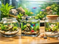 Маленькі настільні акваріуми крупним планом у домашньому інтер’єрі