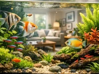 Крупний план домашнього акваріума у світлій вітальні з яскравими рибка