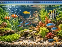 Домашній акваріум з яскравою підсвіткою крупним планом: зелені рослини