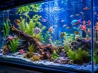 Нічний акваріум у світлих тонах з прозорою водою, яскравими рибками