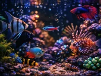 Нічний домашній акваріум крупним планом у вечірньому світлі