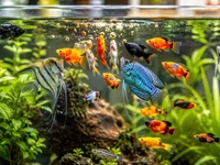 Годування акваріумних риб у домашньому акваріумі при денному світлі