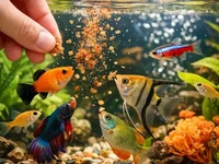 Крупний план годування акваріумних риб у домашньому акваріумі