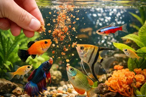 Крупний план годування акваріумних риб у домашньому акваріумі