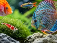 Крупний план яскравих акваріумних мешканців: барвиста рибка