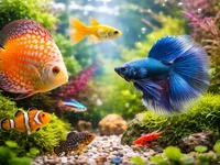 Крупний план яскравих акваріумних риб і креветки в домашньому акваріум