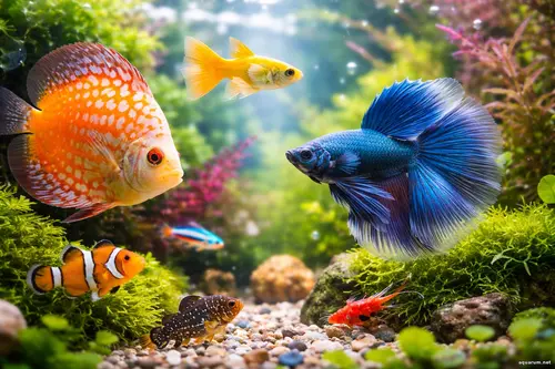 Крупний план яскравих акваріумних риб і креветки в домашньому акваріум