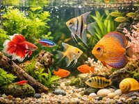 Крупний план яскравого домашнього акваріума з різнокольоровими рибками