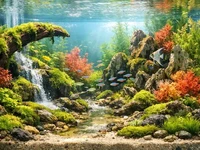 Акваскейп у широкому форматі з густими водними рослинами, камінням