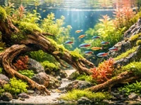 Крупний план стильного акваскейпу в домашньому акваріумі з корчами...