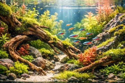 Крупний план стильного акваскейпу в домашньому акваріумі з корчами...