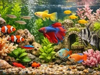 Домашній акваріум крупним планом з яскравими різнокольоровими рибками