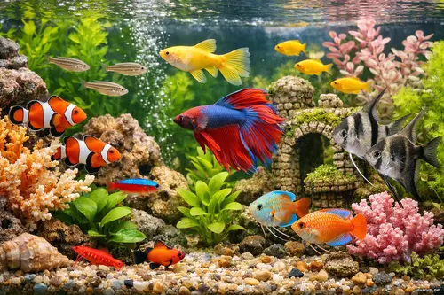 Домашній акваріум крупним планом з яскравими різнокольоровими рибками