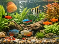 Прісноводний домашній акваріум крупним планом: різнокольорові риби