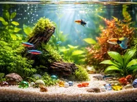 Маленький домашній акваріум крупним планом: рослини, корч із мохом