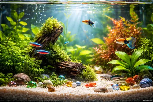 Маленький домашній акваріум крупним планом: рослини, корч із мохом